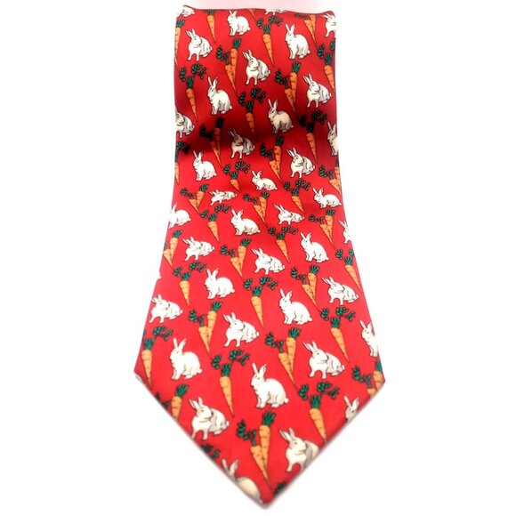 Men's Tie Sanglier Paris 100% Silk Red Rabbit Carrot Pattern Made In France 59"L - Picture 1 of 9